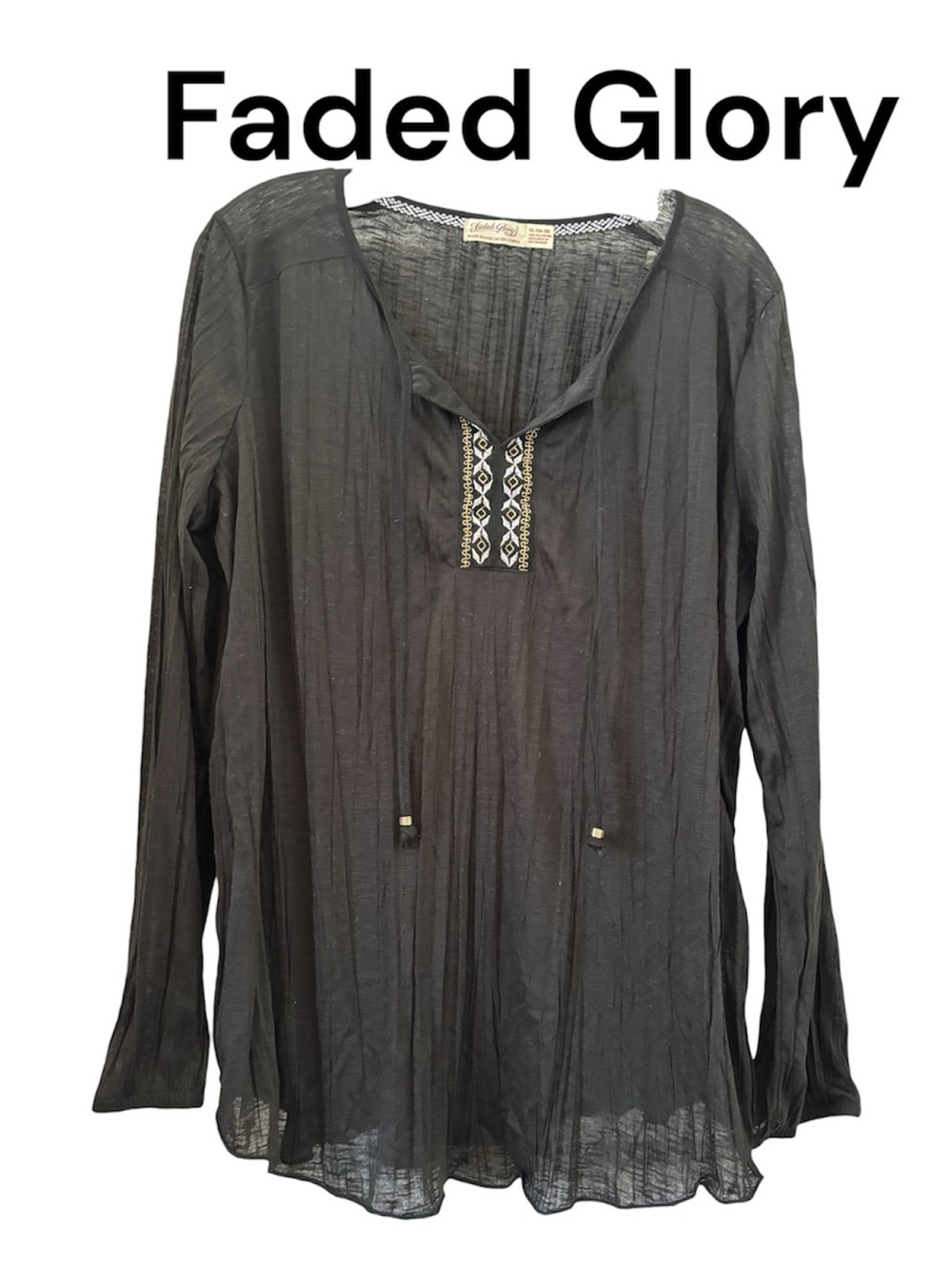 Faded Glory Women's Black Embroidered Tunic Top XL